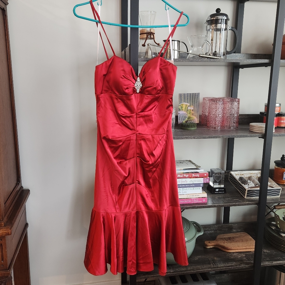 Ladies Gorgeous Red Rhinestone Party Dress Tea Length NWT Xscape by Joanna Chen